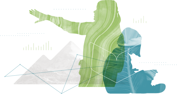 stylized Illustration of a woman pointing at data and a child on the floor reading.