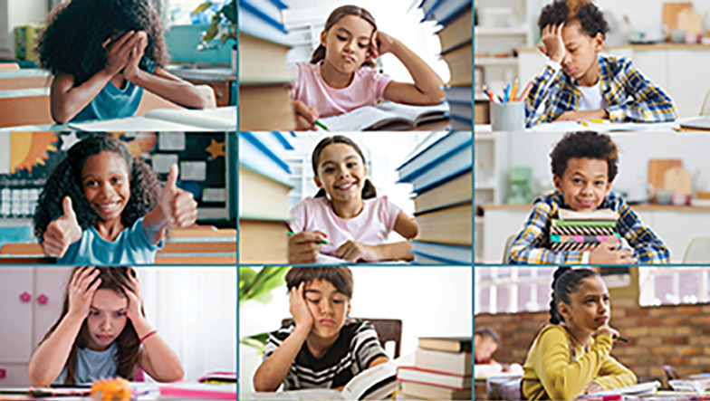 collage of different students frustrated then happy