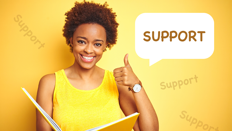 a woman holding a book giving a thumbs up with a speech bubble that says support.
